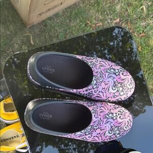 CROCS Women's Black and Pink Paisley Mules